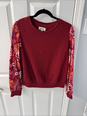 Anthropologie Maroon Textured Pullover with Floral Sleeves